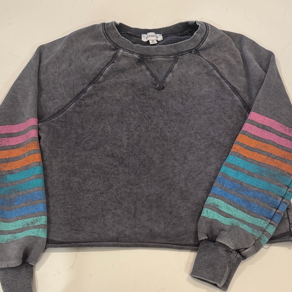 Evereve Heather Navy Sweatshirt with Multicolor Stripes